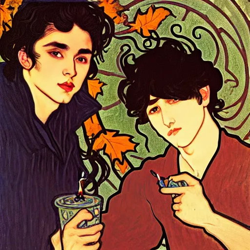 Image similar to painting of young cute handsome beautiful dark medium wavy hair man in his 2 0 s named shadow taehyung and cute handsome beautiful min - jun together at the halloween party, bubbling cauldron, candles, smoke, tarot, autumn colors, elegant, stylized, soft facial features, delicate facial features, art by alphonse mucha, vincent van gogh, egon schiele