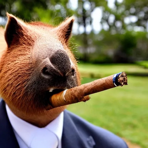 Image similar to smoking cigar, a man wearing a suit capybara head (smoking cigar)