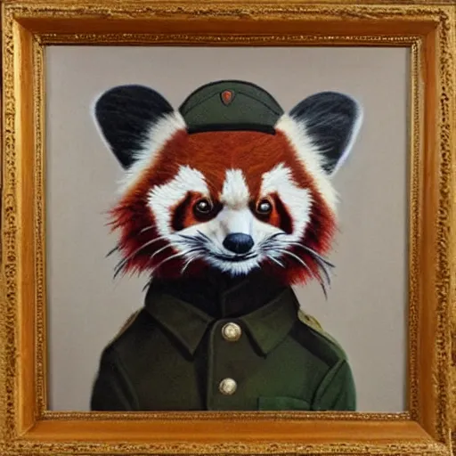 Image similar to oil painting of an anthropomorphic red panda in military uniform, amazing detail