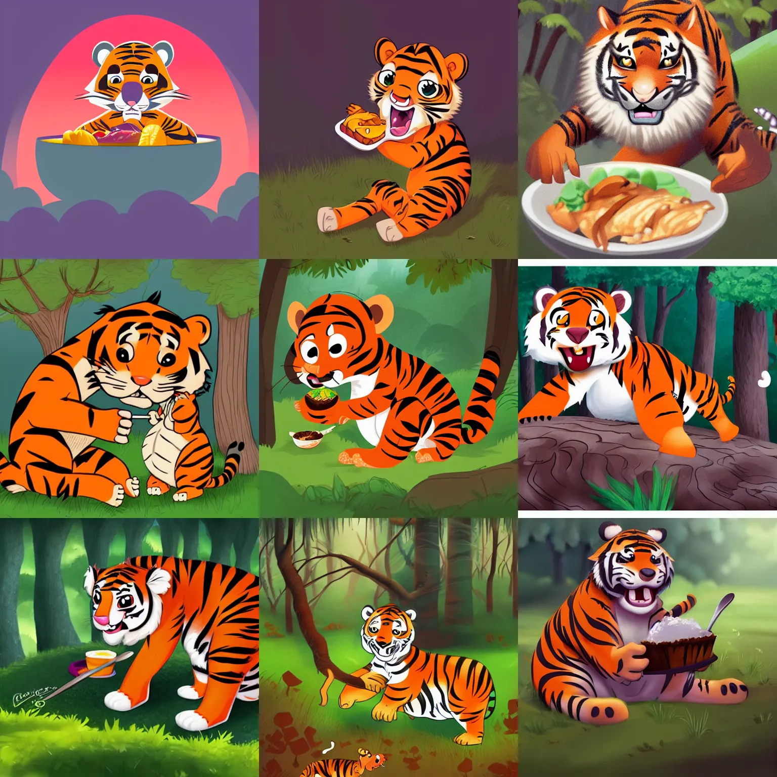 Prompt: a cute cartoon tiger eating chicken on a forest. Behance, Dribbble, CGSociety, ArtStation, Tumblr, Pinterest, Drawcrowd, Pixiv, Devianart