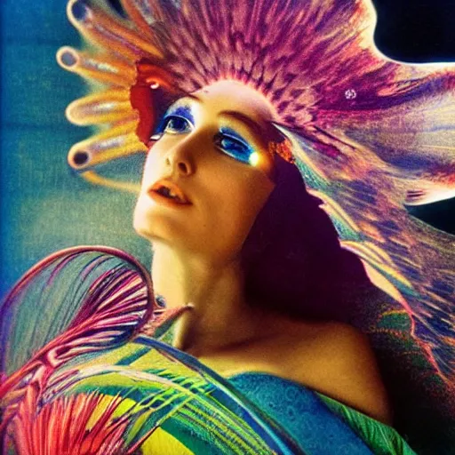 Prompt: beautiful futuristic super schizophrenic psychedelic prismatic superhuman, lush detail, national geographic, steichen, herb ritts, roger deakins, anne leibovitz, alphonse mucha, sharp focus, ultra - realistic, hyperrealism, isotonic