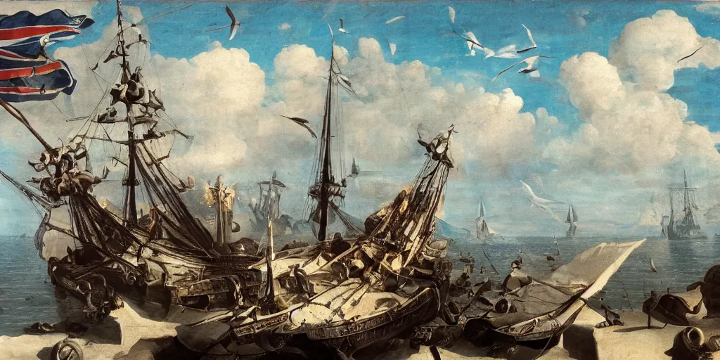 Prompt: portrait, oceanic naval battles, cannonballs, war, seagulls, famine, death, wide angle, puffy clouds, skies behind, stars in sky, italian masterpiece, Ashford Black Marble, sculpture, baroque, draped with water and spines, drapes, white details, still life, Obsidian, portrait, worms, render, artstation, ultra detailed