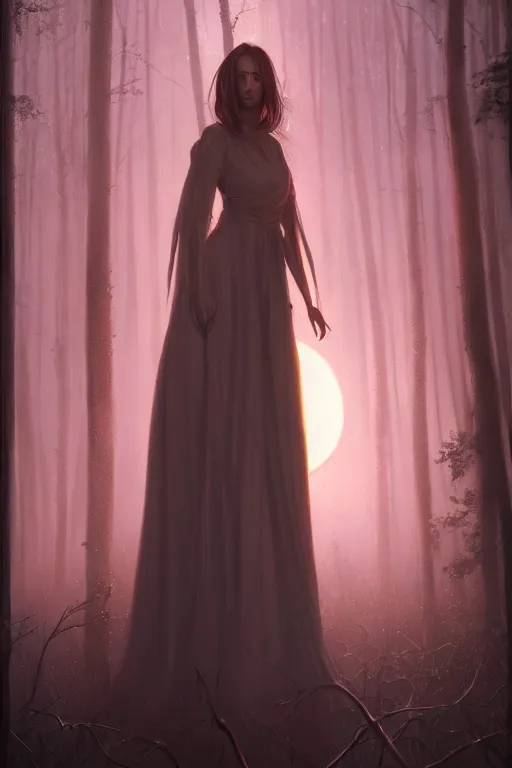 Prompt: a realistic woman with a long dress standing in a moonlit forest, beautiful woman, digital art, by Greg Rutkowski, volumetrics, dark fantasy, 4k, trending on artstation
