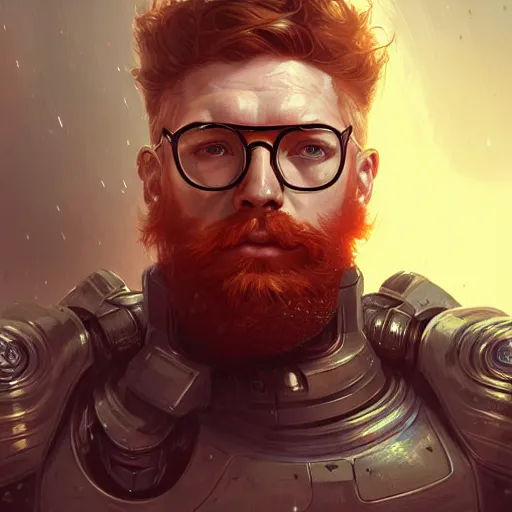Prompt: portrait of a gingerbearded man with glasses, sci - fi armour, muscular! cyberpunk, intricate, elegant, highly detailed, digital painting, artstation, concept art, sharp focus, illustration, art by artgerm and greg rutkowski and alphonse mucha