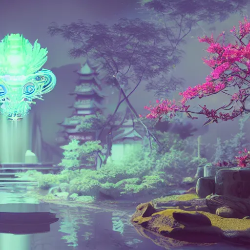 Image similar to 3 d scene of a japanese temple portal modelling goddess close - sakura trees everywhere, woodsman wearing a steampunk and neonpunk mechanical fluorescent mystical animal mask in strange misty mountain landscape. betta fish, jellyfish phoenix, bio luminescent, plasma, ice, water, wind, creature, artwork by tooth wu and wlop and beeple and greg rutkowski