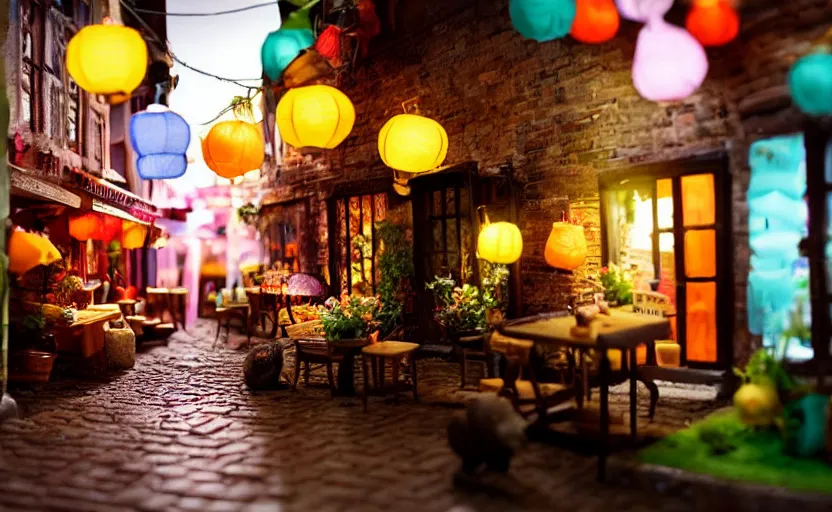 Image similar to mini cafe diorama macro photography, alleyway, cafe for felted animals, ambient, colorful paper lanterns, atmospheric photograph, romantic