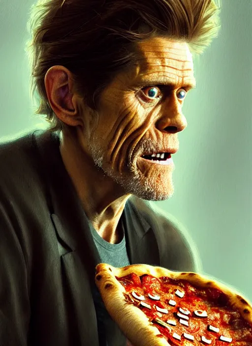 Image similar to portrait of willem dafoe staring intently at a pizza, crying, intricate, elegant, glowing lights, highly detailed, digital painting, artstation, concept art, smooth, sharp focus, illustration, art by wlop, mars ravelo and greg rutkowski