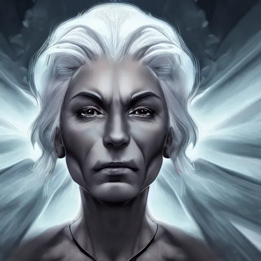 Image similar to beautiful old female dark elf with white hair holding a scroll, storm background, digital painting, detailed, realism, perfect symmetry