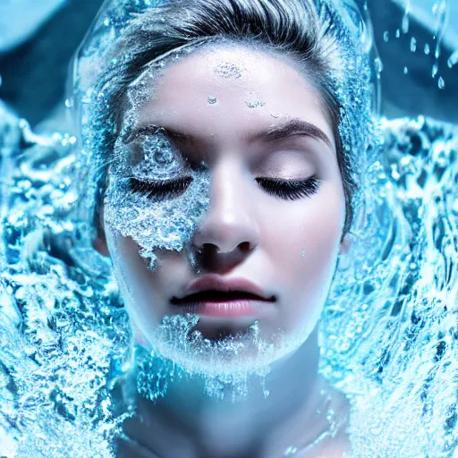 Prompt: female partly submerged in rippling viscous clear oil, with icy eye lashes and brows, eyes closed, no makeup, frost needles, pale blue tint, complex hyperdetailed technical suit. siver hair flowing, cryo sleep, sci - fi, futuristic, ultra realistic, wide angle.
