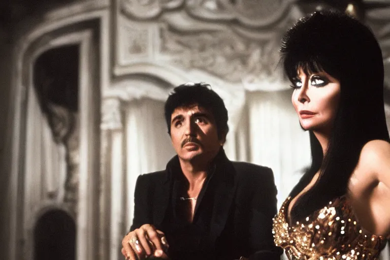 Prompt: morning light, highly detailed portrait of tony montana with elvira in his luxurious houseis atmospheric lighting, masterpiece, award winning by Emmanuel Lubezki