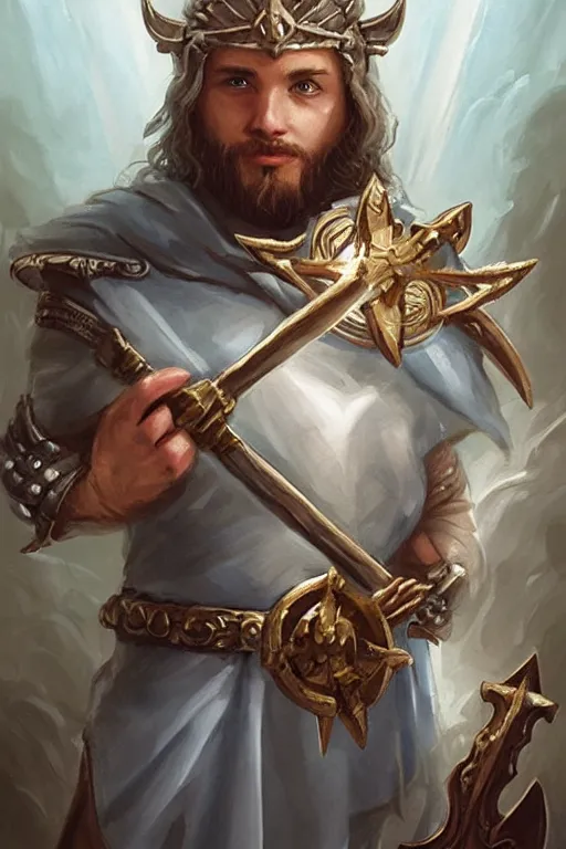 Image similar to Cute Francis pope holding a trident of Poseidon, Francisco pope, tiny, small, miniature pope, papa, short, pale blue armor, cute and adorable, pretty, beautiful, DnD character art portrait, matte fantasy painting, cgsociety Artstation, by Jason Felix by Steve Argyle by Tyler Jacobson by Peter Mohrbacher, cinematic lighting