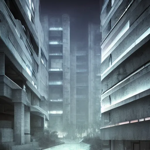Prompt: Iridescent ghost lights appeared on a night street, Soviet town, mass housing, Soviet five-story panel buildings, brutal concrete architecture, lush vegetation, foggy, post-processing, in the style of Hugh Ferriss, Behance, Artgerm. High detail, ultra realistic render, octane, 3D, photorealism, symmetric, cinematic