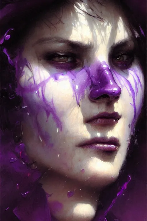 Prompt: extreme close up, facial portrait, woman in witch outfit, purple accents, stoic, grim dark, moody, portrait dnd, painting by gaston bussiere, craig mullins, greg rutkowski, yoji shinkawa