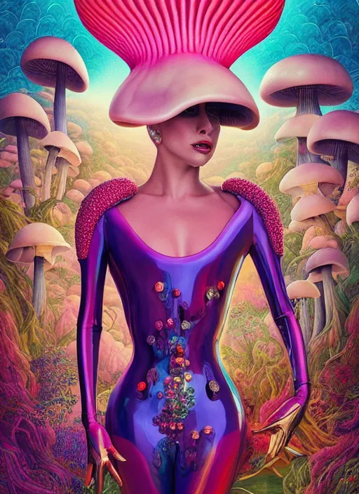 Image similar to lady gaga with futuristic mushroom : : by martine johanna and simon stalenhag and chie yoshii and casey weldon and wlop : : ornate, dynamic, particulate, rich colors, intricate, elegant, highly detailed, vogue, harper's bazaar art, fashion magazine, smooth, sharp focus, 8 k, octane render,