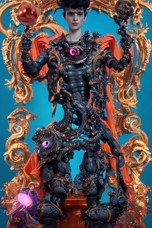 Image similar to full-body rococo and cyberpunk style sculpture of a young handsome Spanish prince half android with a chest exposing a glowing orange gem, glowing pink laser eyes, crown of blue gears and giant diamonds, swirling salmon-colored silk fabric, robotic raptors dinosaurs. baroque elements. full-length view. intricate artwork by caravaggio. Trending on artstation, octane render, cinematic lighting from the right, hyper realism, octane render, 8k, depth of field, 3D