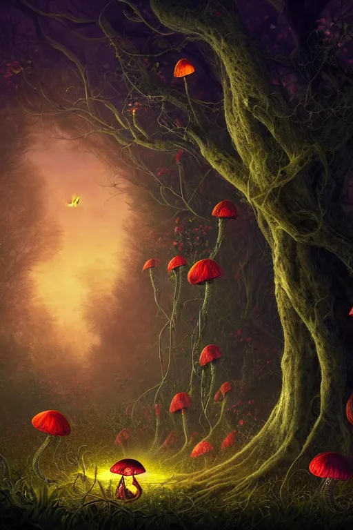 Image similar to a beautiful digital illustration painting of a detailed gothic fantasy fireflies and roots, dark mushroom, flowers by benoit b. mandelbrot, steven belledin, martin johnson heade, lee madgwick, caspar david friedrich, and david rios ferreira. 8 k resolution trending on artstation concept art digital illustration