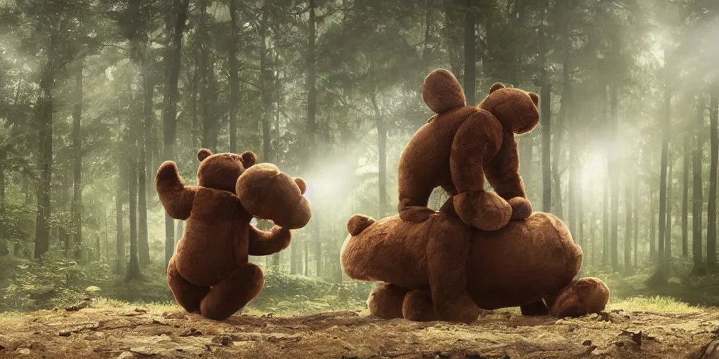 Image similar to a giant ant is riding a giant teddy bear in a forest, moody, cinematic light, matte painting, concept art, highly detailed, 8k