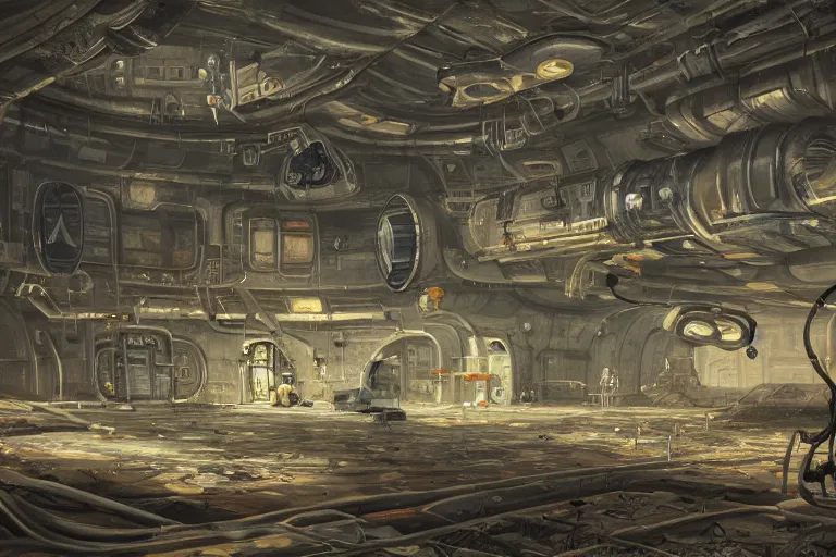 Image similar to A beautiful painting of inside of old abandoned space station with shiny metal pipes in machinarium by yann souetre, Trending on artstation.