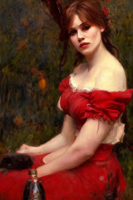 Image similar to Solomon Joseph Solomon and Richard Schmid and Jeremy Lipking victorian genre painting full length portrait painting of a young beautiful woman traditional german french Brigitte Bardot barmaid in fantasy costume, red background