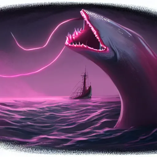 Prompt: a whale sized human mouth with large dorsal fins swimming through a dark ocean, pink skin, sinew, d & d fantasy art, concept art, character art, horror