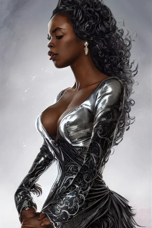 Image similar to cute black woman wearing a silver chrome corset dress, fantasy, intricate, highly detailed, digital painting, artstation, concept art, wallpaper, smooth, sharp focus, illustration, swirling energy, art by artgerm and greg rutkowski and alphonse mucha