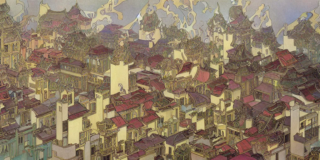 Image similar to a painting of abstract buildings like chinese ancient village houses by alphonse mucha and yves tanguy