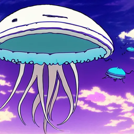 Image similar to A giant flying jellyfish spaceship, anime style