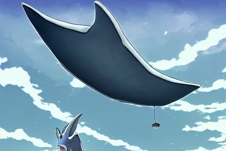 Prompt: cell shaded cartoon of a giant mechanized grey manta ray from howl's moving castle ( 2 0 0 4 ), in an icy river, full body, wide shot, very muted colors, post grunge, studio ghibli, highly detailed, deviantart, art by artgem