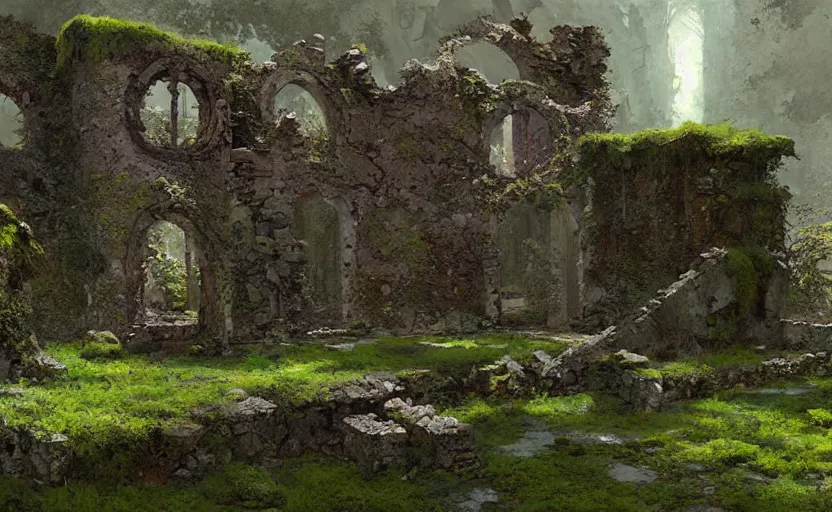 Image similar to ruins of an old castle covered by plant and moss by greg ruthkowski and craig mullins