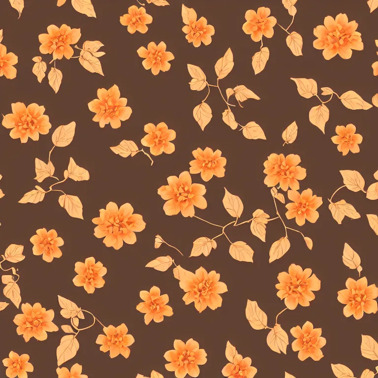 Image similar to repeating fabric pattern, minimalistic, miniature tiny orange and peach color flowers, brown vines and leaves