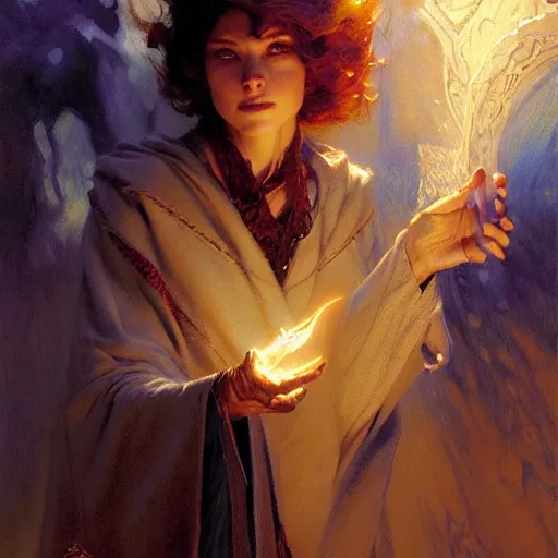 Image similar to stunning female wizard casting his shadow spell, highly detailed painting by gaston bussiere, craig mullins, j. c. leyendecker, 8 k