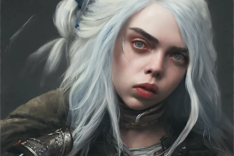 Image similar to A portrait of Billie Eilish as Ciri from the Witcher Game by Ruan Jia and Mandy Jurgens and Artgerm and william-adolphe bouguerea, highly detailed, trending on artstation, award winning, H 768