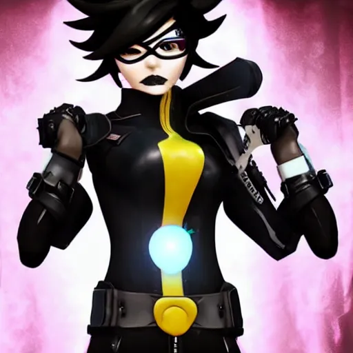 Image similar to tracer from overwatch, wearing goth outfit, black hair, 4 k, detailed face, smirky expression, detailed face, focus on eyes, blur, beautiful lighting, low contrast,