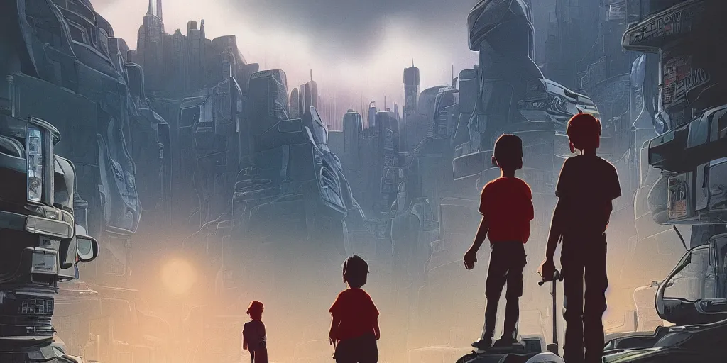 Image similar to highly detailed cell - shaded cartoon landscape with two boys looking at a miniature alien creature 1 9 8 0 s science fiction, 1 9 7 0 s science fiction, cyberpunk, moody, misty, depth perception, 4 k, artstation, in the style of studio ghibli