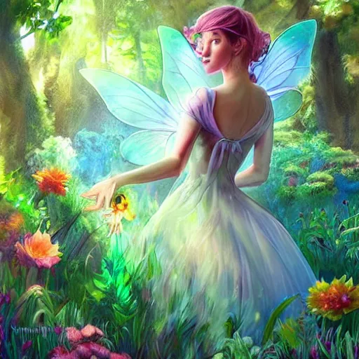 Prompt: a fairy in a beautiful garden at midday, with dappled light streaming through trees, eating onions, digital painting, masterpiece in the style of artgerm and Greg rutowski, amazing colors