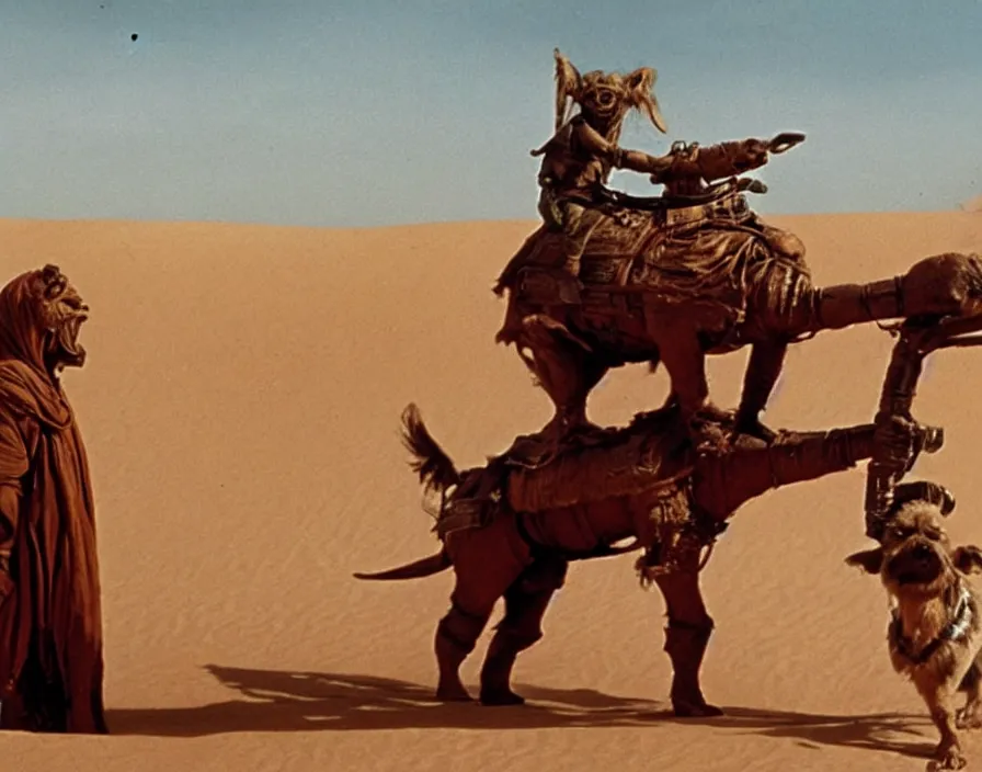 Image similar to Still from the original Star Wars of a Tusken raider riding a giant dachshund on Tatooine