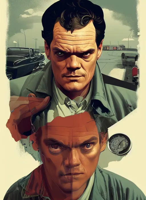 Image similar to poster artwork by Michael Whelan and Tomer Hanuka, Karol Bak of portrait of Michael Shannon the local mechanic clerk at the auto store, from Twin Peaks, clean, simple illustration, nostalgic, domestic, full of details