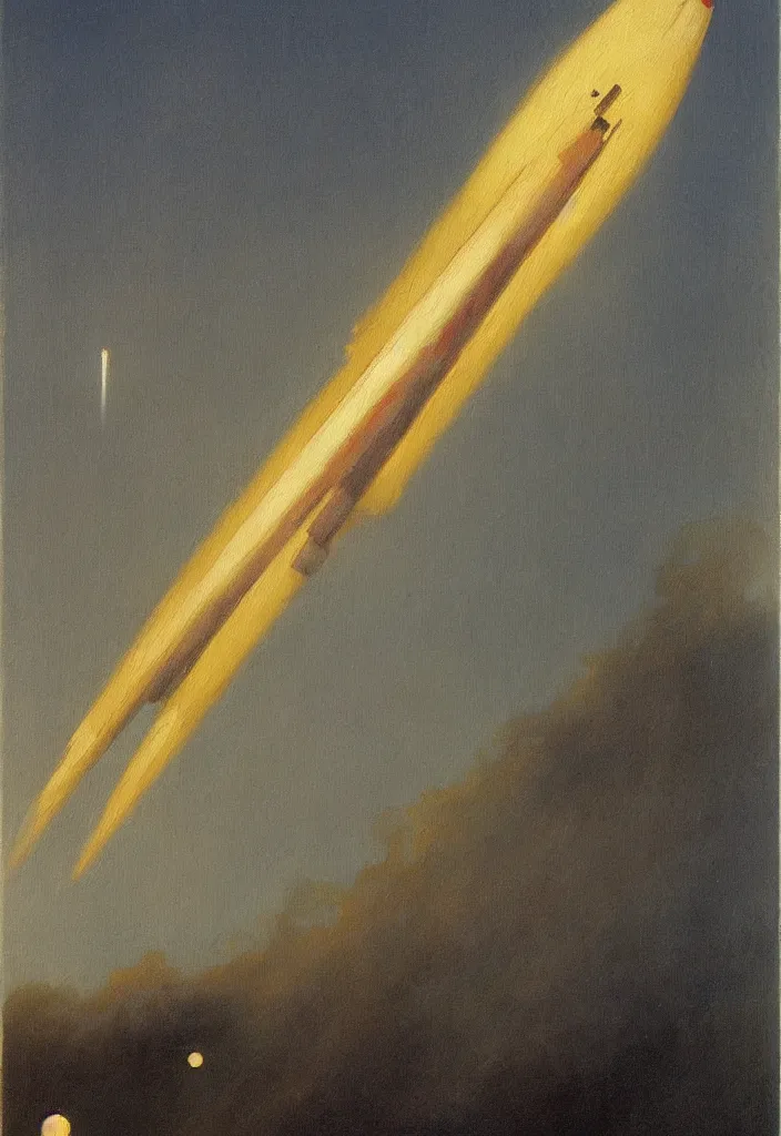 Image similar to a _ painting _ of _ a _ scifi _ rocket _ by _ peter _ ilsted