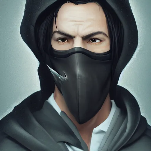 Image similar to a highly detailed, portrait of a man with black hair with a black medical mask, in a hood in the form of a shark, artstation, DeviantArt, professional, octane render, digital art