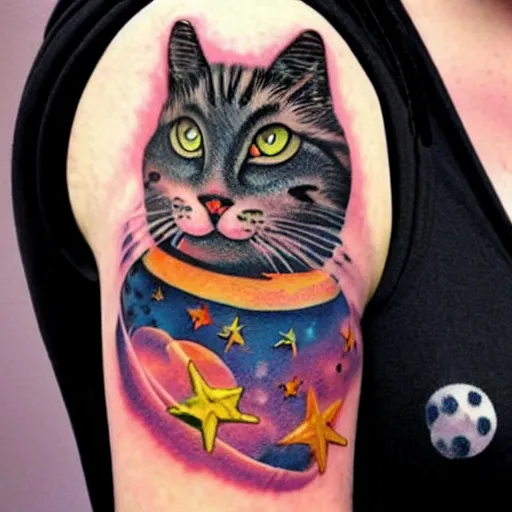 Prompt: cartoonised cat in space tattoo