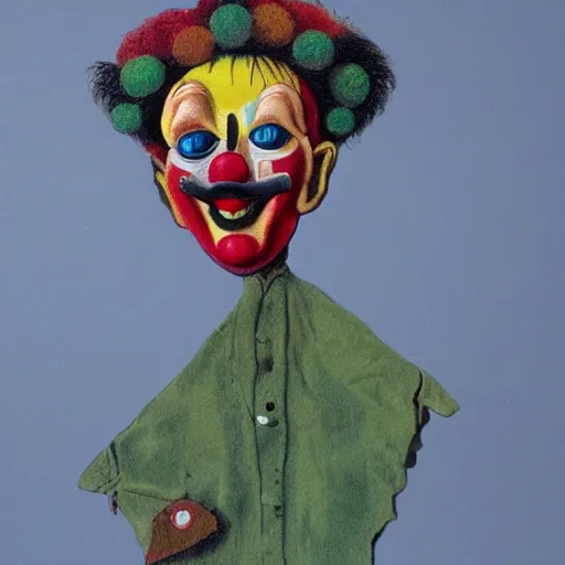 Image similar to A clown, in the style of Antonio Berni, highly detailed