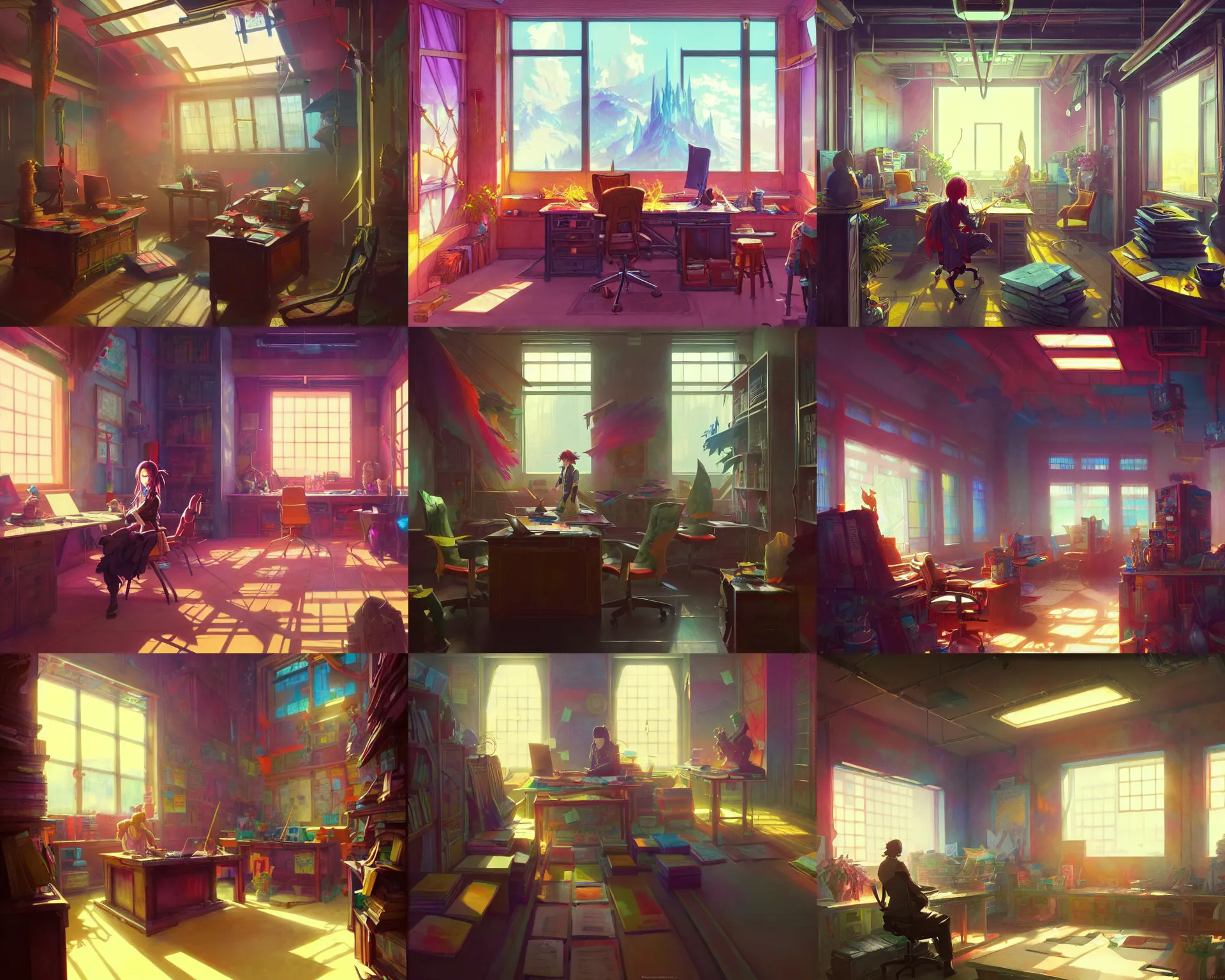 Prompt: colorful interior of an office belonging to a senior member of the kitsune adventurer's guild, anime, a fantasy digital painting by greg rutkowski and james gurney, trending on artstation, highly detailed