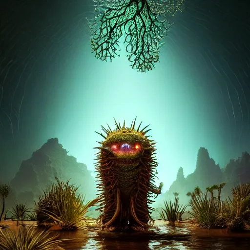 Image similar to creature in a desert lush vegetation, warm tones, night, water reflection, bioluminescent translucent : : by michal karcz, daniel merriam, victo ngai and guillermo del toro : : ornate, dynamic, particulate, intricate, elegant, highly detailed, centered, artstation, smooth, sharp focus, octane render, 3 d