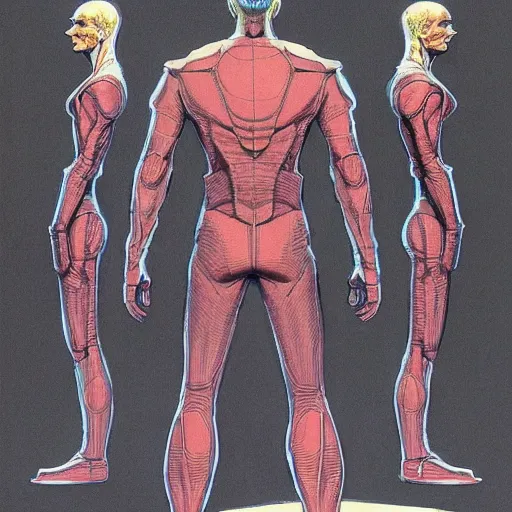 Image similar to concept art, stylized, super exaggerated proportions, concept design, male, science fiction suit, by jean giraud