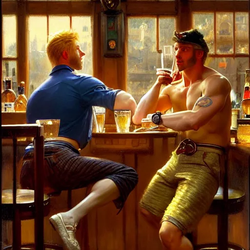 Prompt: attractive maculine male with brunet hair and attractive masculine male with blond hair. pants and shorts, drinking their hearts out, in a pub. highly detailed and very defined painting by gaston bussiere, j. c. leyendecker, craig mullins 8 k