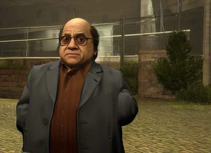 Prompt: video game still of danny devito in the video game heavy rain,