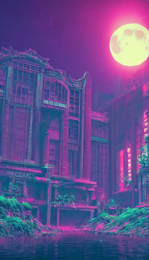 Image similar to reclaimed by nature by moon hoon, darkacademia atlantis cosmic san andreas at dawn neon signs tokyo synthwave universe, archdaily, wallpaper, highly detailed, trending on artstation.