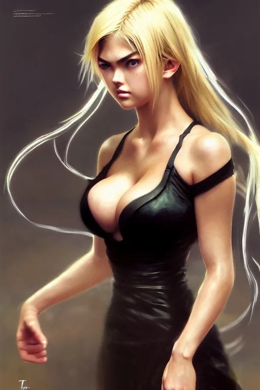 Image similar to Tekken 4 fighter anime Stunning Portrait Kate Upton with long black dress, blonde long hair, in a fighting stance, digital painting, artstation, concept art, soft light, hdri, smooth, sharp focus, illustration, art by tian zi, craig mullins, Mark Arian, WLOP, alphonse mucha