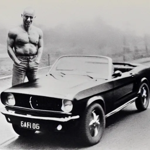 Image similar to coloured photograph of a muscled young white bald guy with broad shoulders, black shirt and a large chest driving a racing red mustang down a british road, high detail