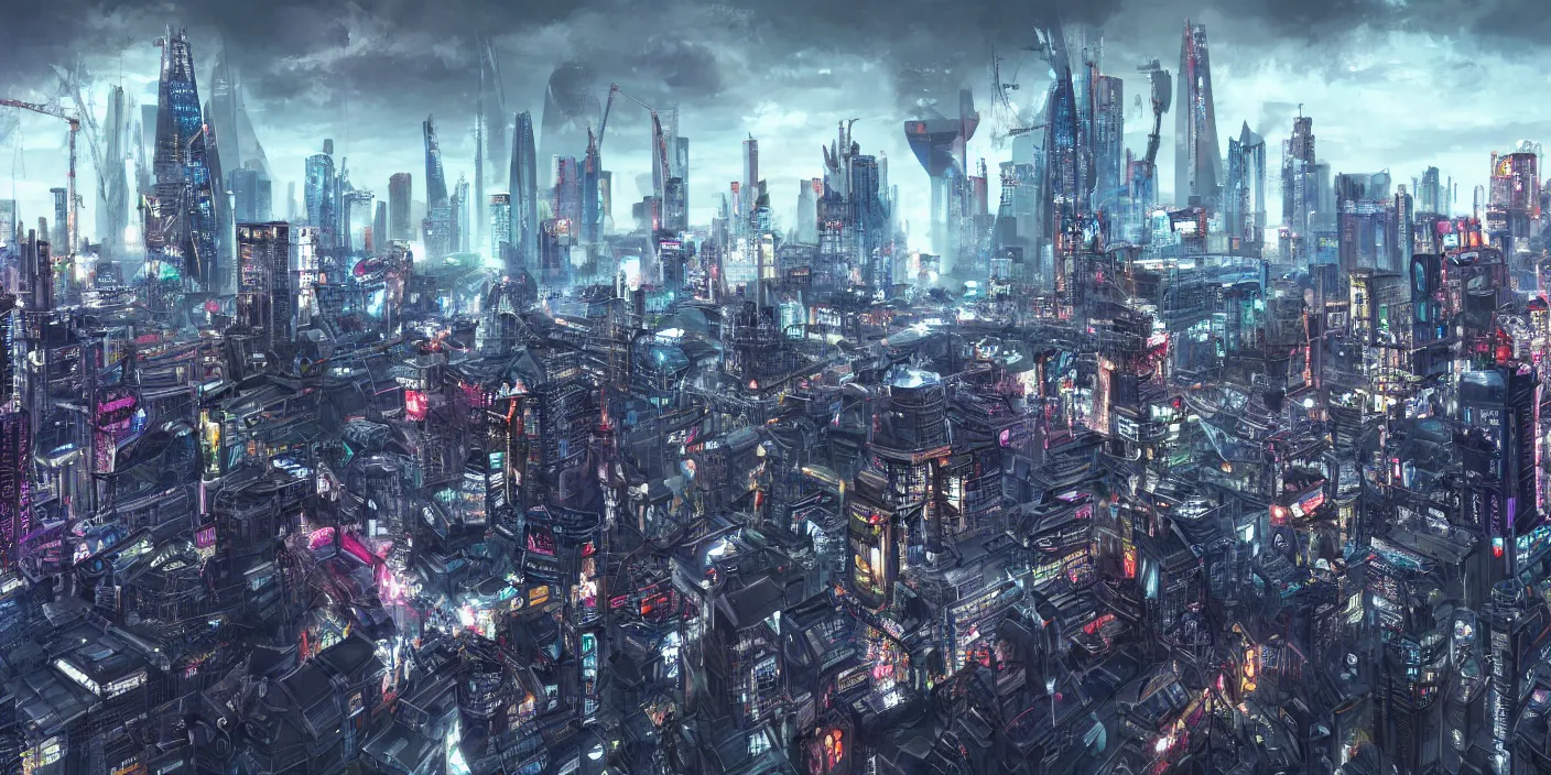 Image similar to london city skyline cyberpunk, hyper detailed, concept art, award winning concept art